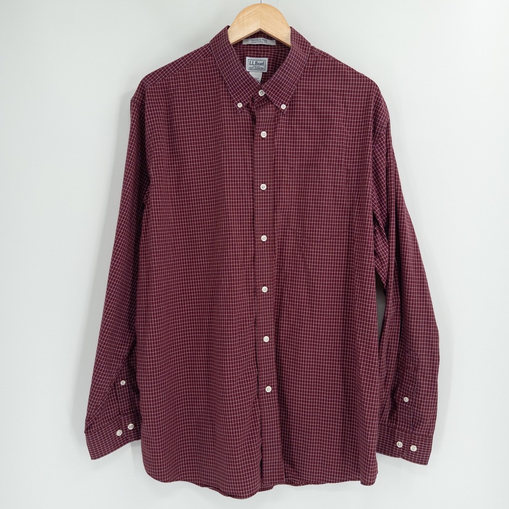 LL Bean Button Down Shirt Mens XL Burgundy Grid Wrinkle Free Traditional Red